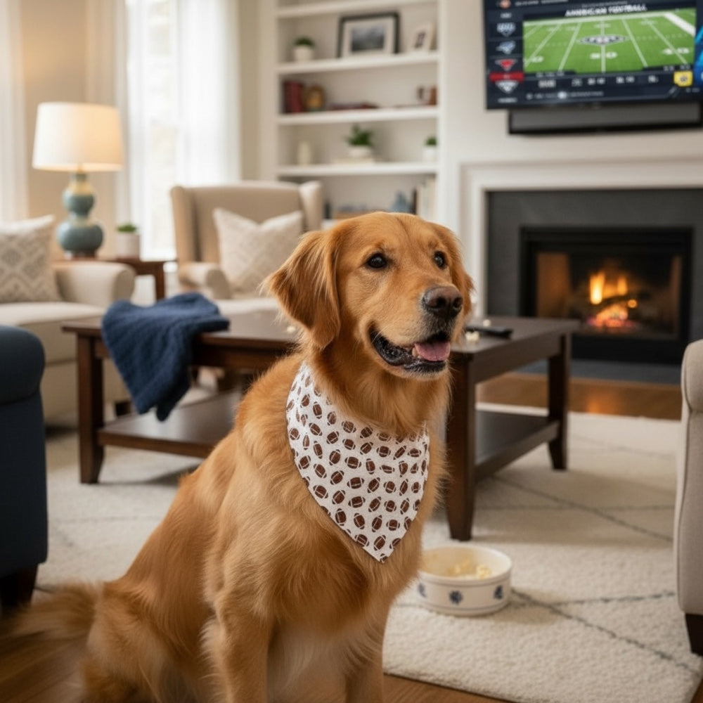 Dog wearing a football dog bandana sitting in a cozy living room with a fireplace and TV.