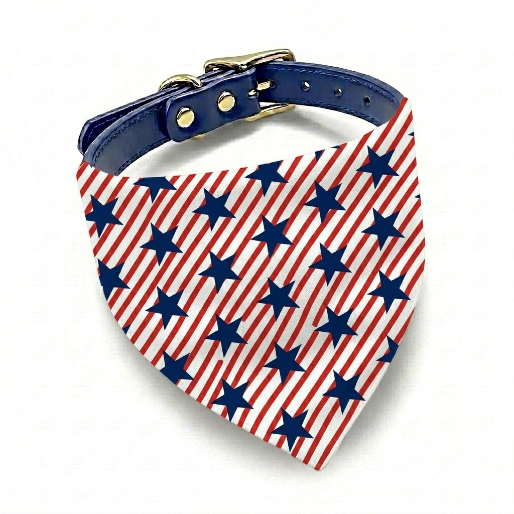 Fourth of July dog bandana shown on a blue dog collar (collar sold separately) with Stars and Stripes in red white and blue.