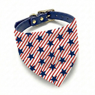 Fourth of July dog bandana shown on a blue dog collar (collar sold separately) with Stars and Stripes in red white and blue.
