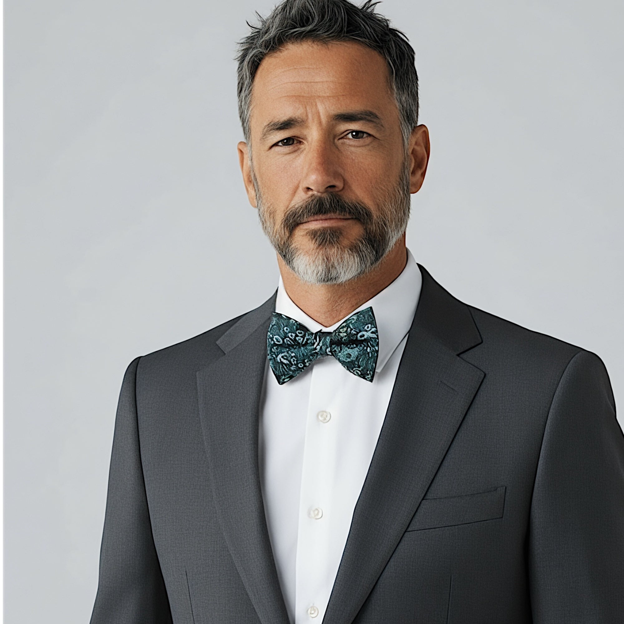 Navy floral bowtie for men worn by a groomsman in a suit for a wedding.