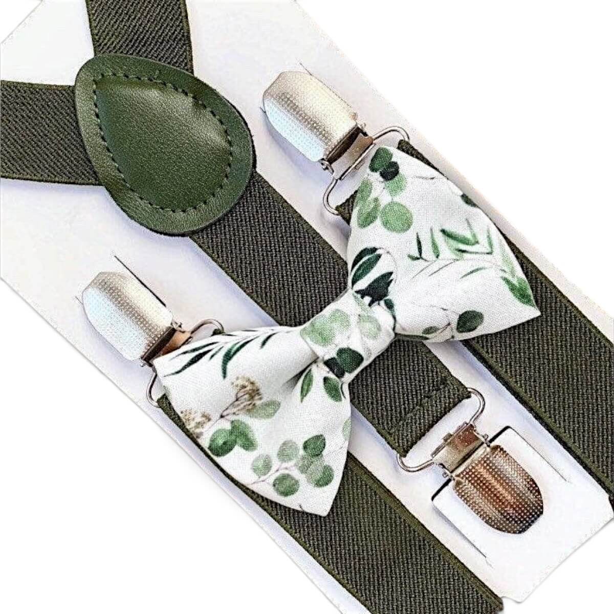 Floral Green Bow Tie & Olive Suspenders Set- Dark Green Sage For men boys and toddlers.