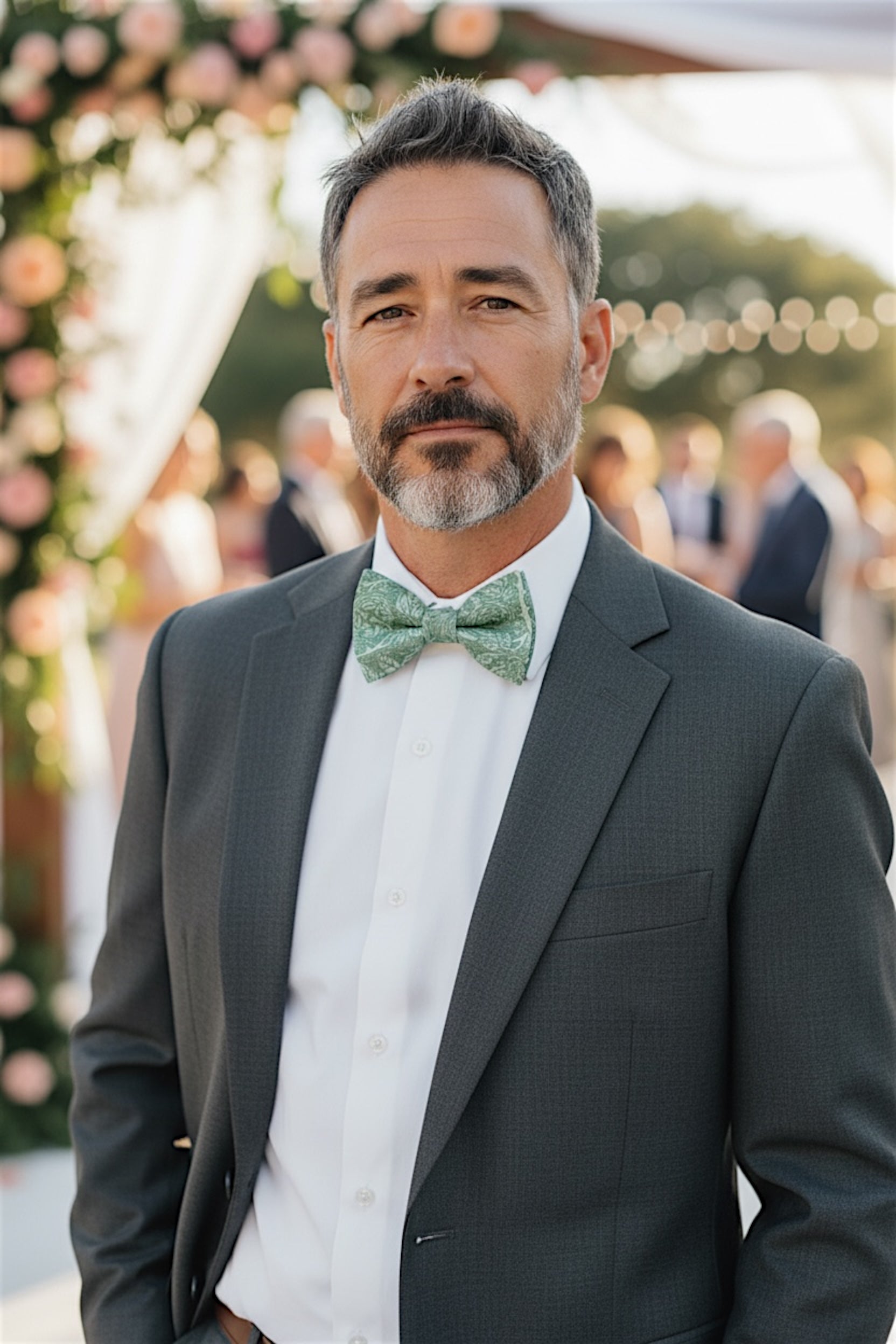 Groomsman in a Sage green floral bow tie at a wedding with floral decorations.
