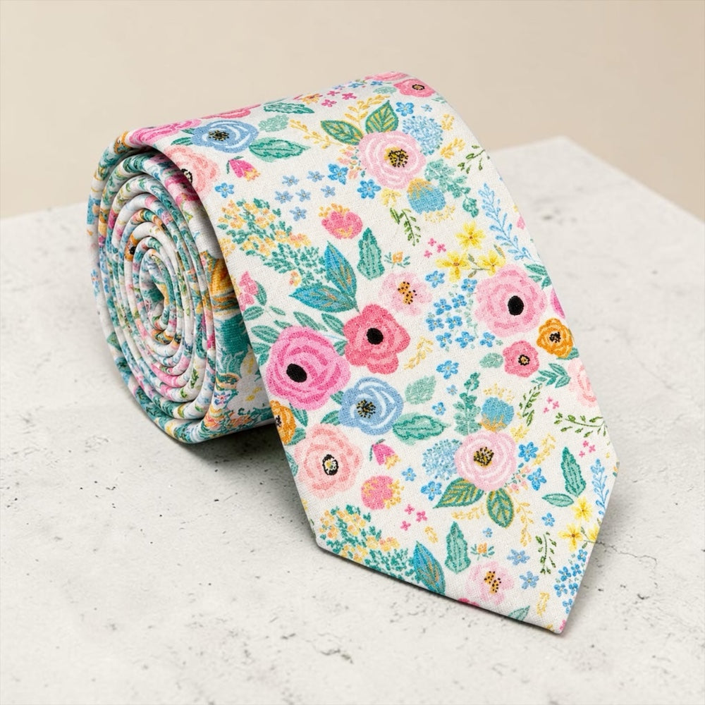 Garden floral wedding tie for men and groomsmen in ivory, pink and green.