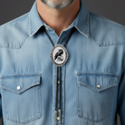 Man wearing a silver raven bolo tie.