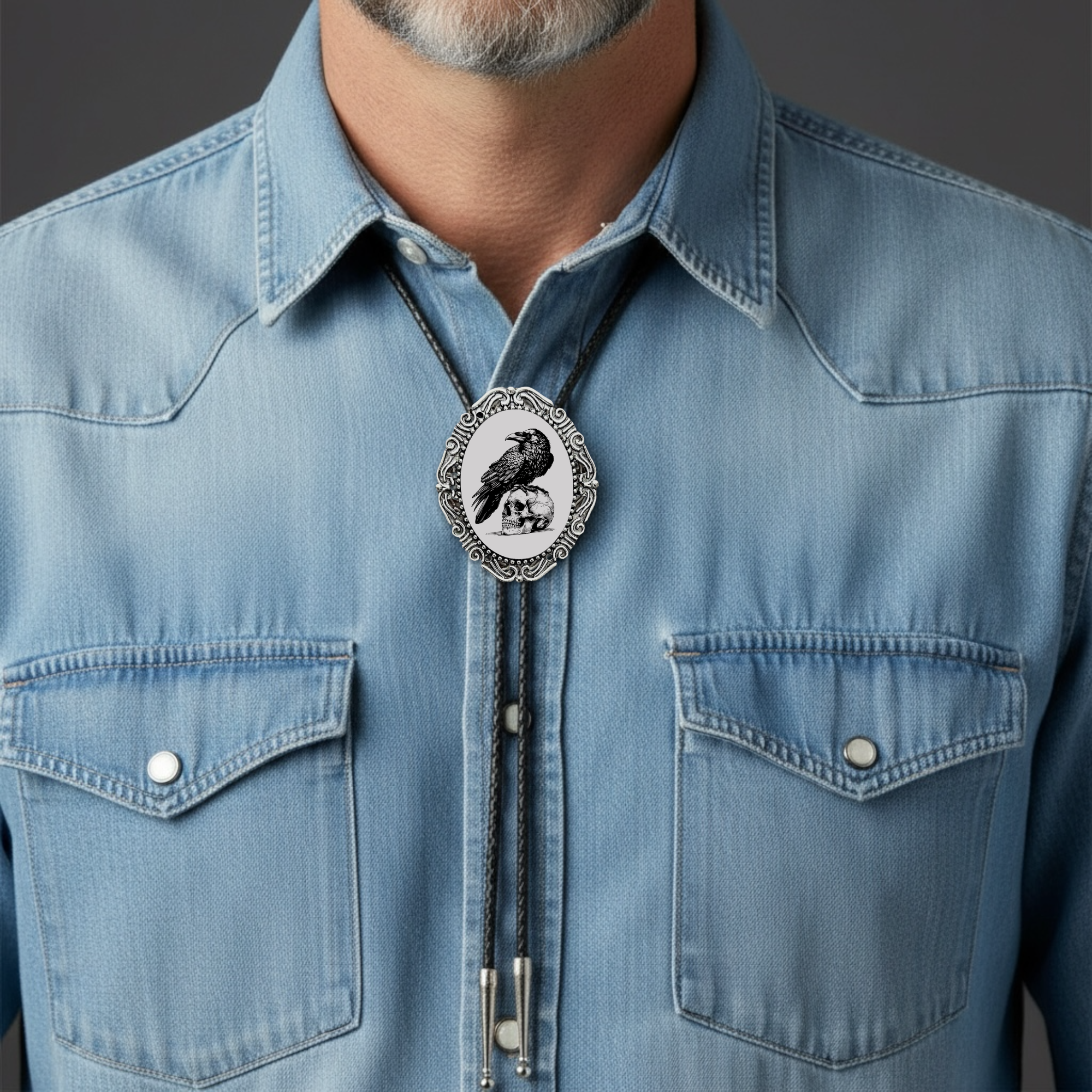 Man wearing a silver raven bolo tie.