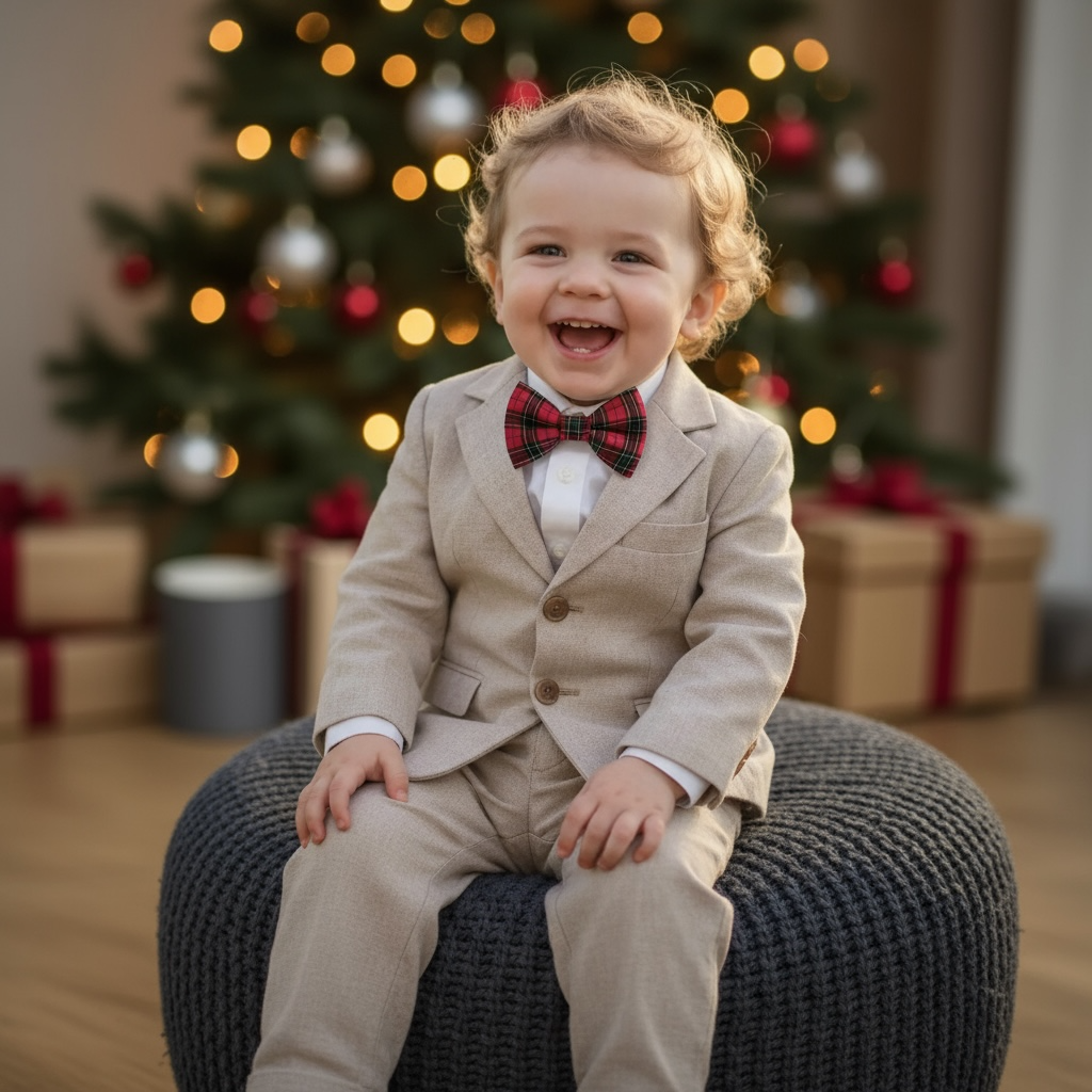 Child in a suit and re Christmas bow tie sitting on a stool in front of a decorated Christmas tree.