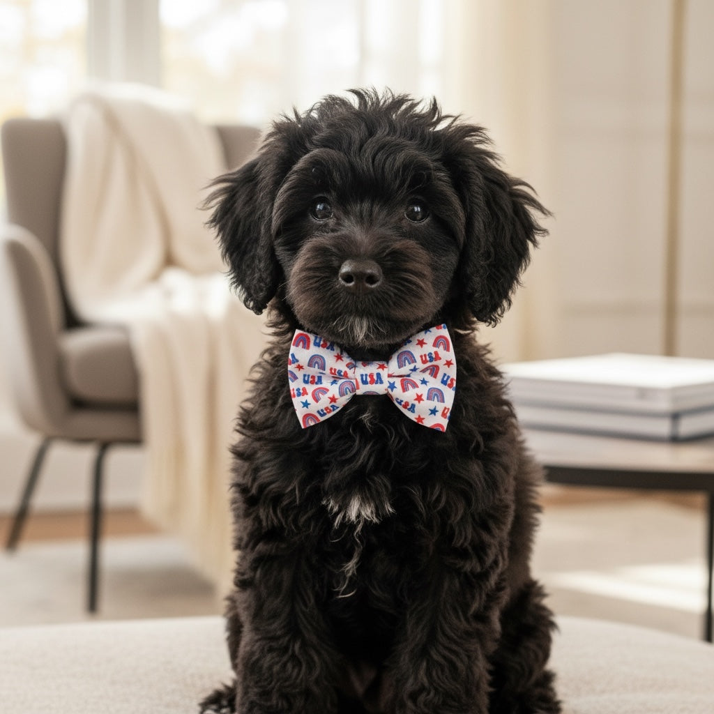 Black dog wearing a Fourth of July dog bow tie sitting on a couch in a living room.