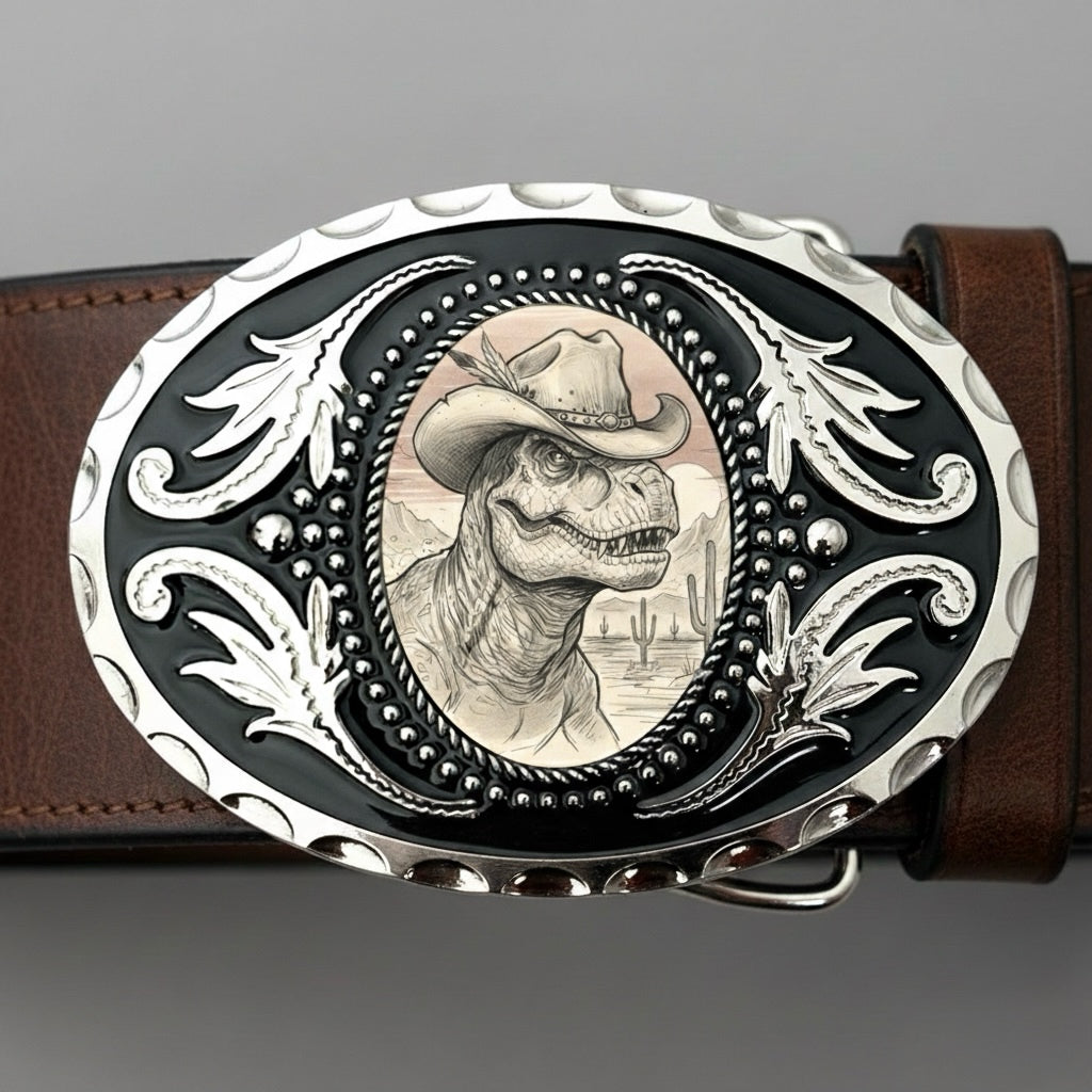 Men's Western fashion accessory: a dinosaur belt buckle paired with a dark brown leather belt, showing high-relief silver filigree detail.
