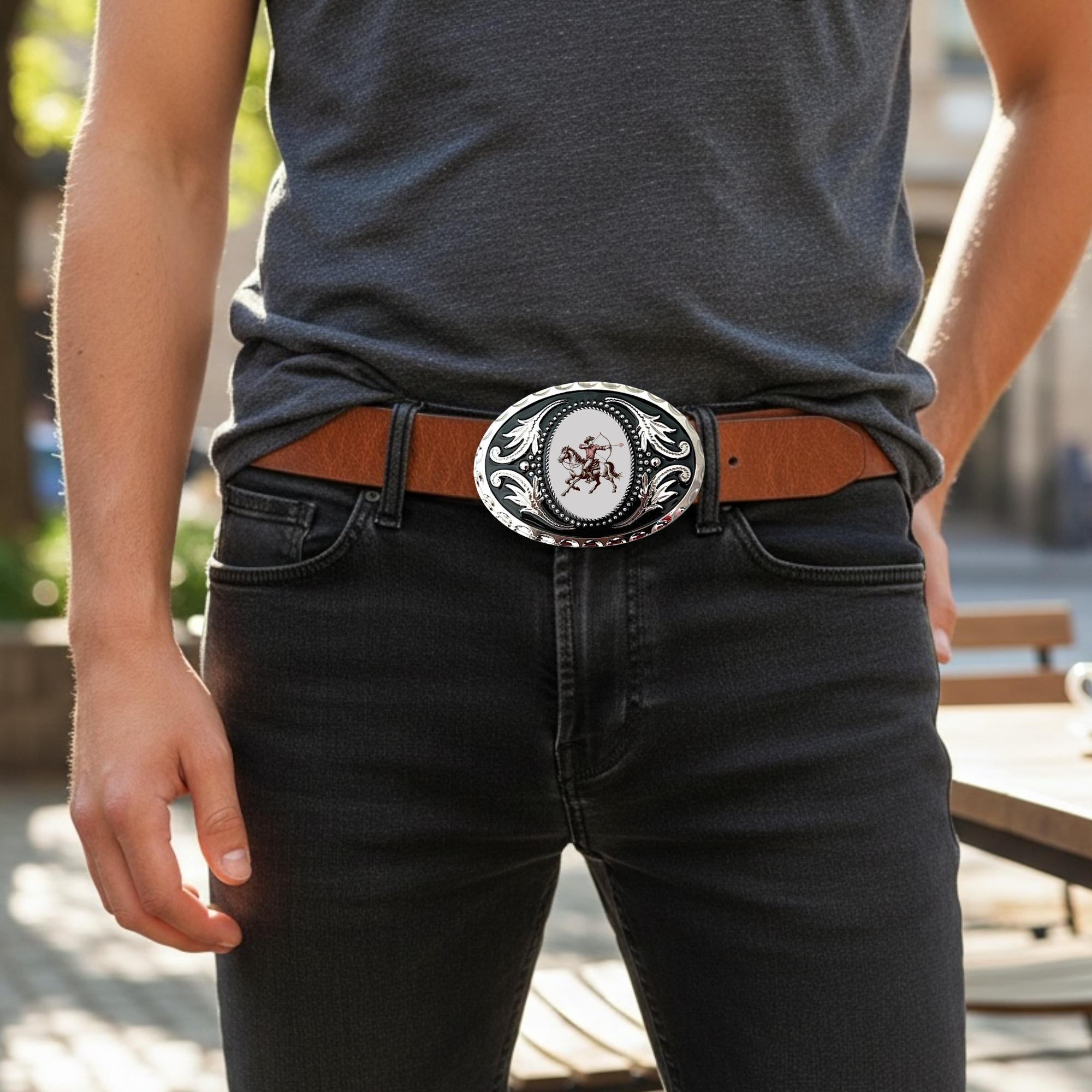 Cowboy Belt Buckle with Hearts, Valentine Western Accessory Being worn by a person