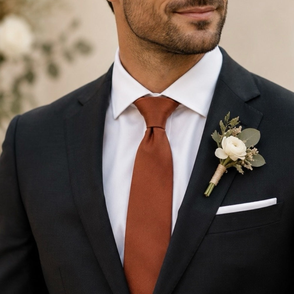 Terracotta tie worn by a groomsman wearing a black suit with a white shirt and floral boutonniere, handmade by The Bold Bow Tie.