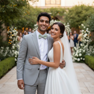 Bride and Groom at their wedding with the groom wearing a Sage green floral bow tie.