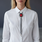 Silver Black & Red Rose Bolo Tie, Gothic Western Style On a white shirt worn by a girl.