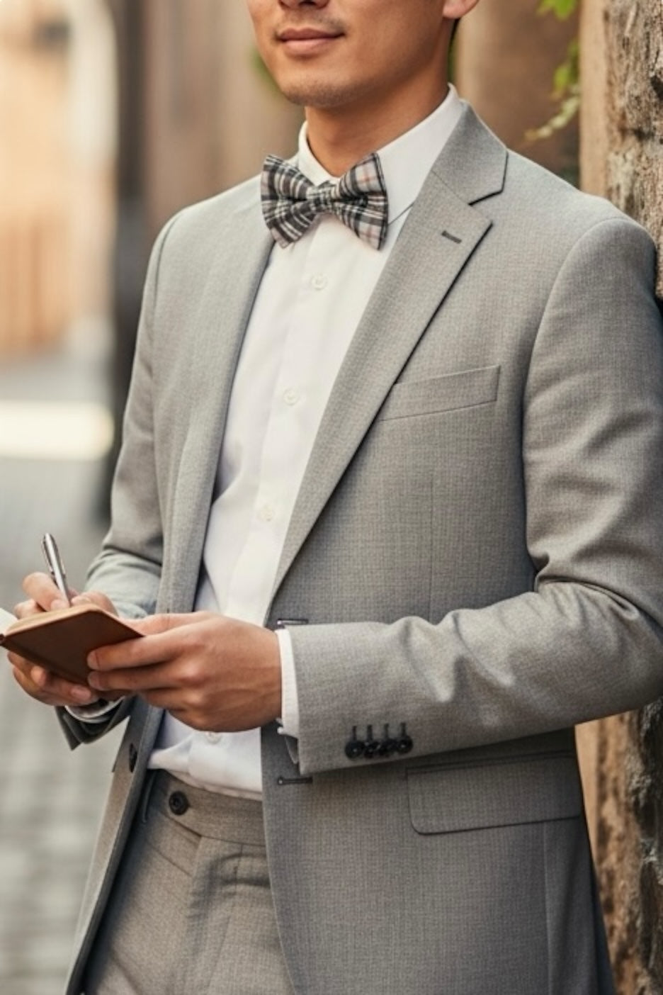 Man in a gray suit with a plaid bow tie holding a notebook.