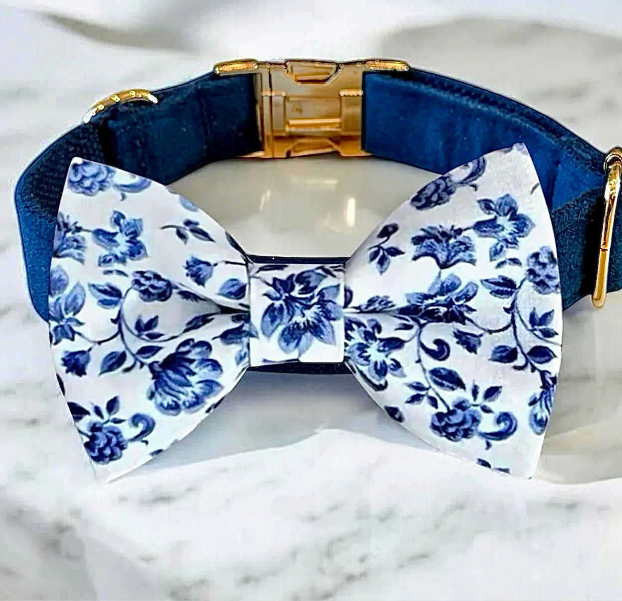 French Blue Floral Bow Tie Dog Collar- perfect for wedding dog collar.