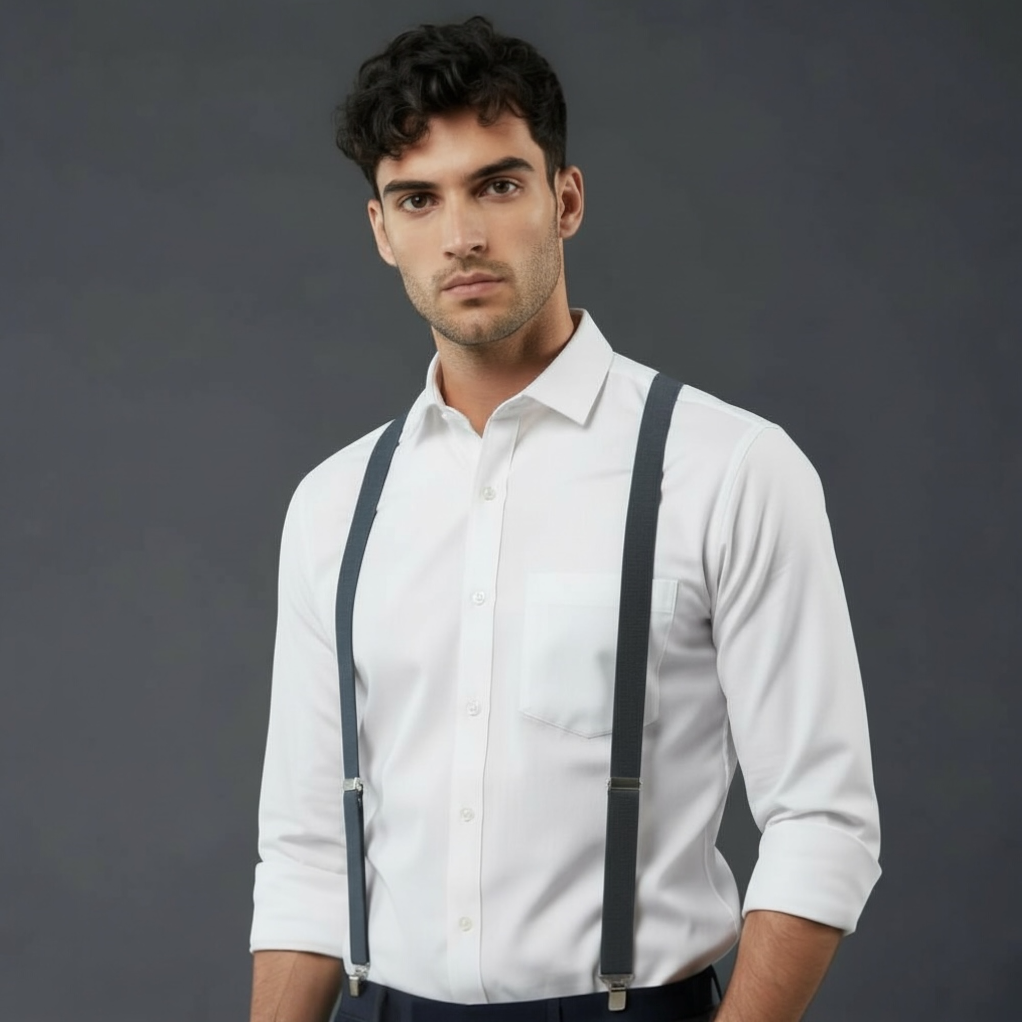 Groomsman wearing a white shirt and dark gray suspenders against a dark background