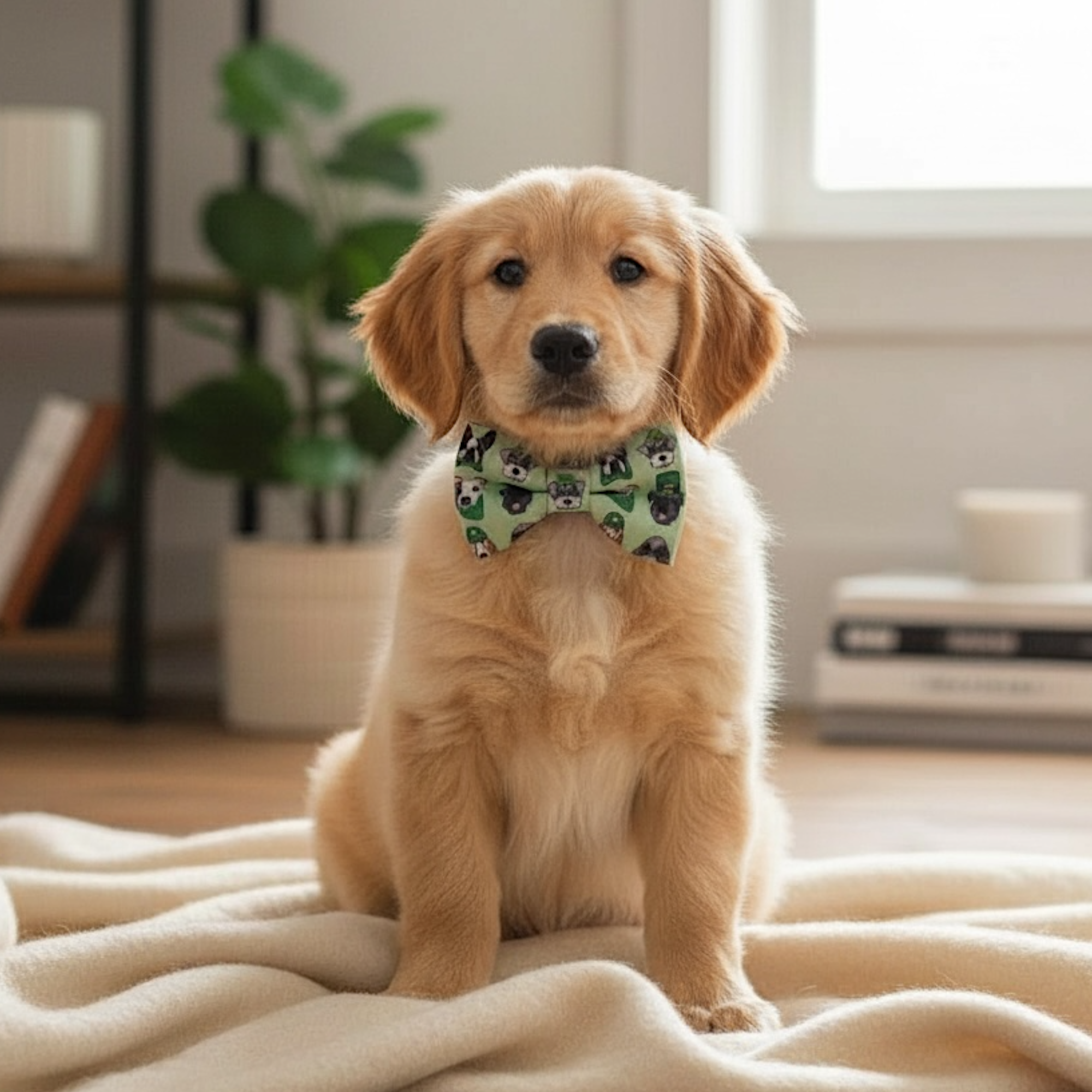 Golden puppy wearing a green dog bow tie sitting on a blanket in a cozy room.