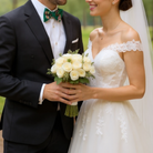 Couple in wedding attire, with groom wearing a floral teal bow tie, with the woman holding a bouquet outdoors.