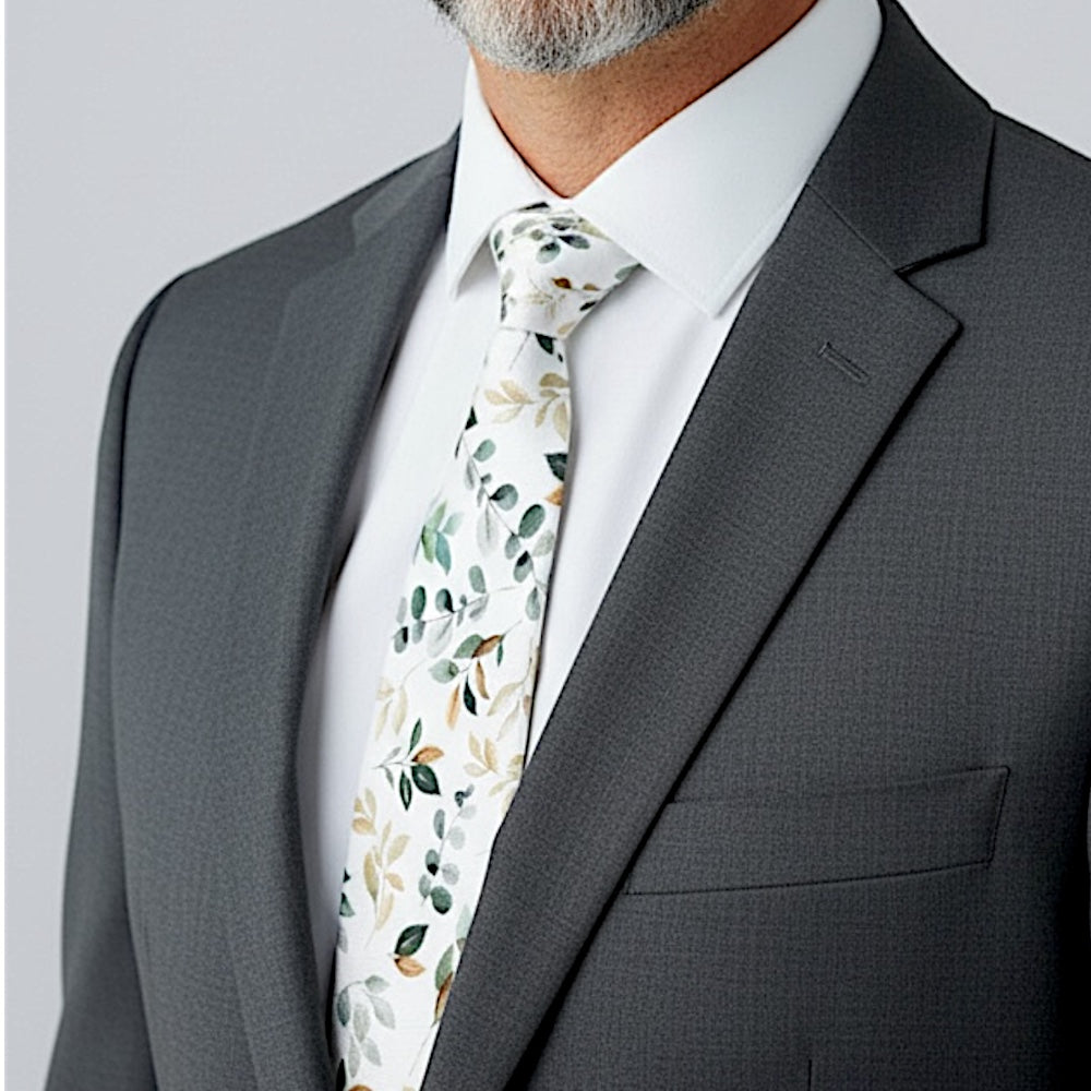 Groomsman in a Sage and gold floral men’s tie with eucalyptus leaves.