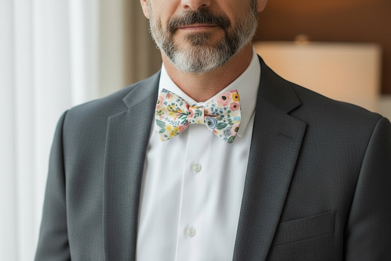 Groomsman in a gray suit with floral bow tie.
