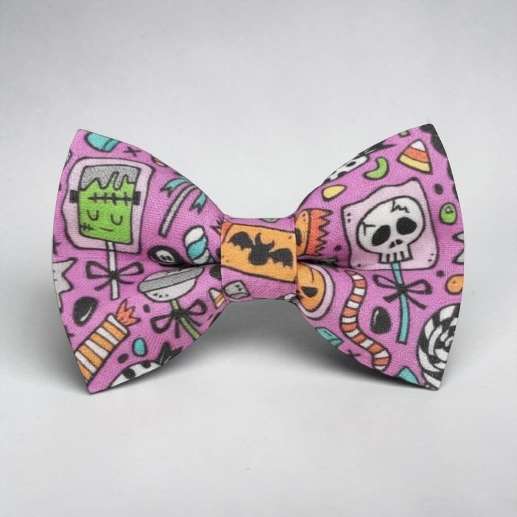 Purple candy Halloween bow tie for men, boys and toddlers.