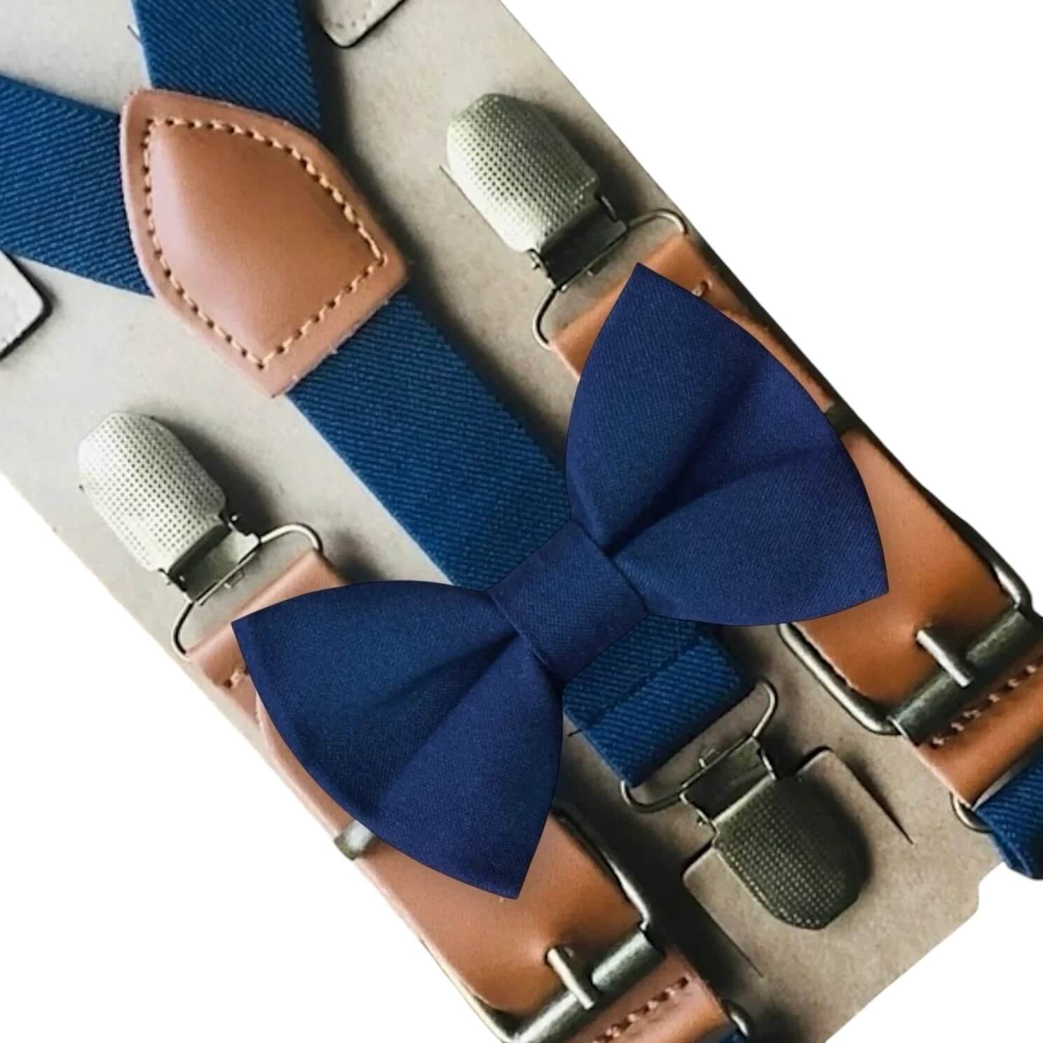 Navy bow tie and suspenders for men, boys, toddlers and babies.