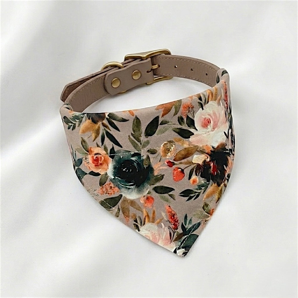 Taupe Floral dog bandana with a beige collar on a white background