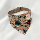 Taupe Floral dog bandana with a beige collar on a white background