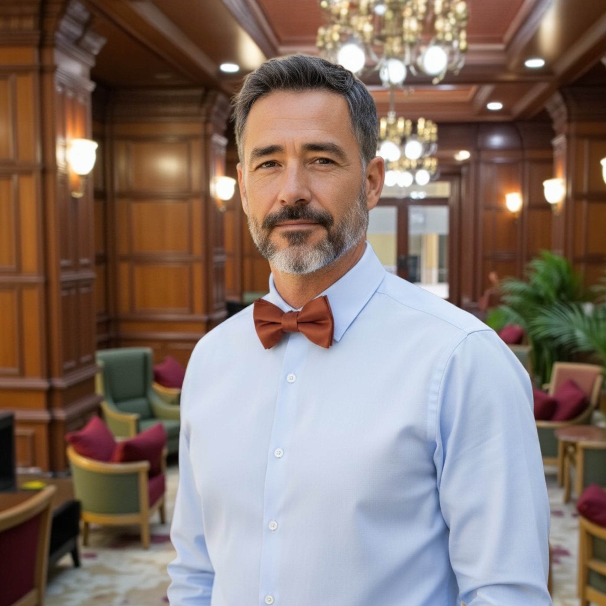 Man wearing a light blue shirt and burnt orange terracotta bow tie in an elegant wedding reception with wooden walls and chandeliers.
