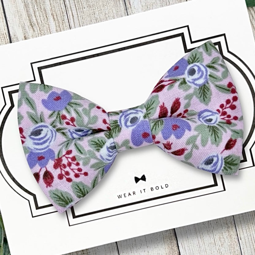 Lavender floral dog bow tie for a dog wedding ring bearer bowtie.