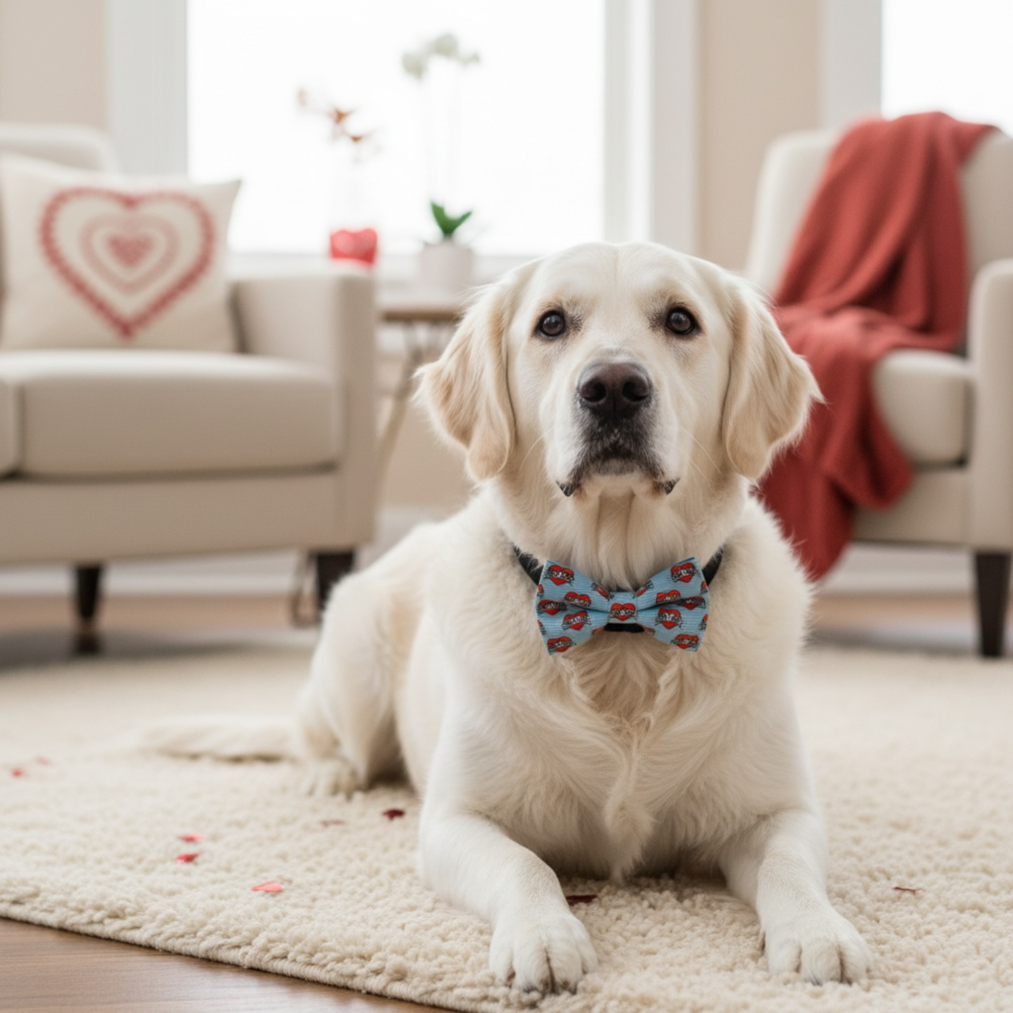 Dog wearing a dog bow tie sitting on a carpeted floor in a living room.