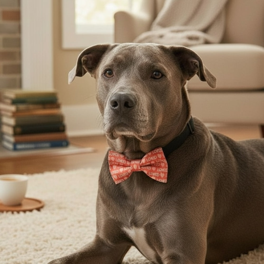 Dog wearing a pink Valentines Day dog bow tie sitting on a carpeted floor in a living room.