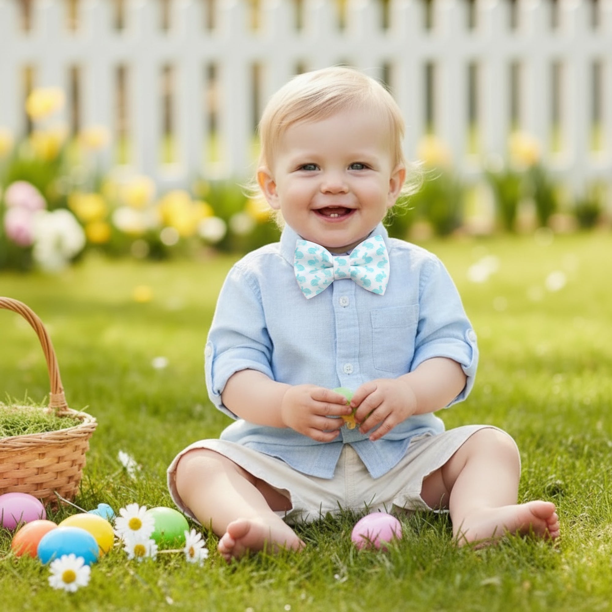 Toddler in a blue Easter bow tie with Easter bunnies and an Easter basket.
