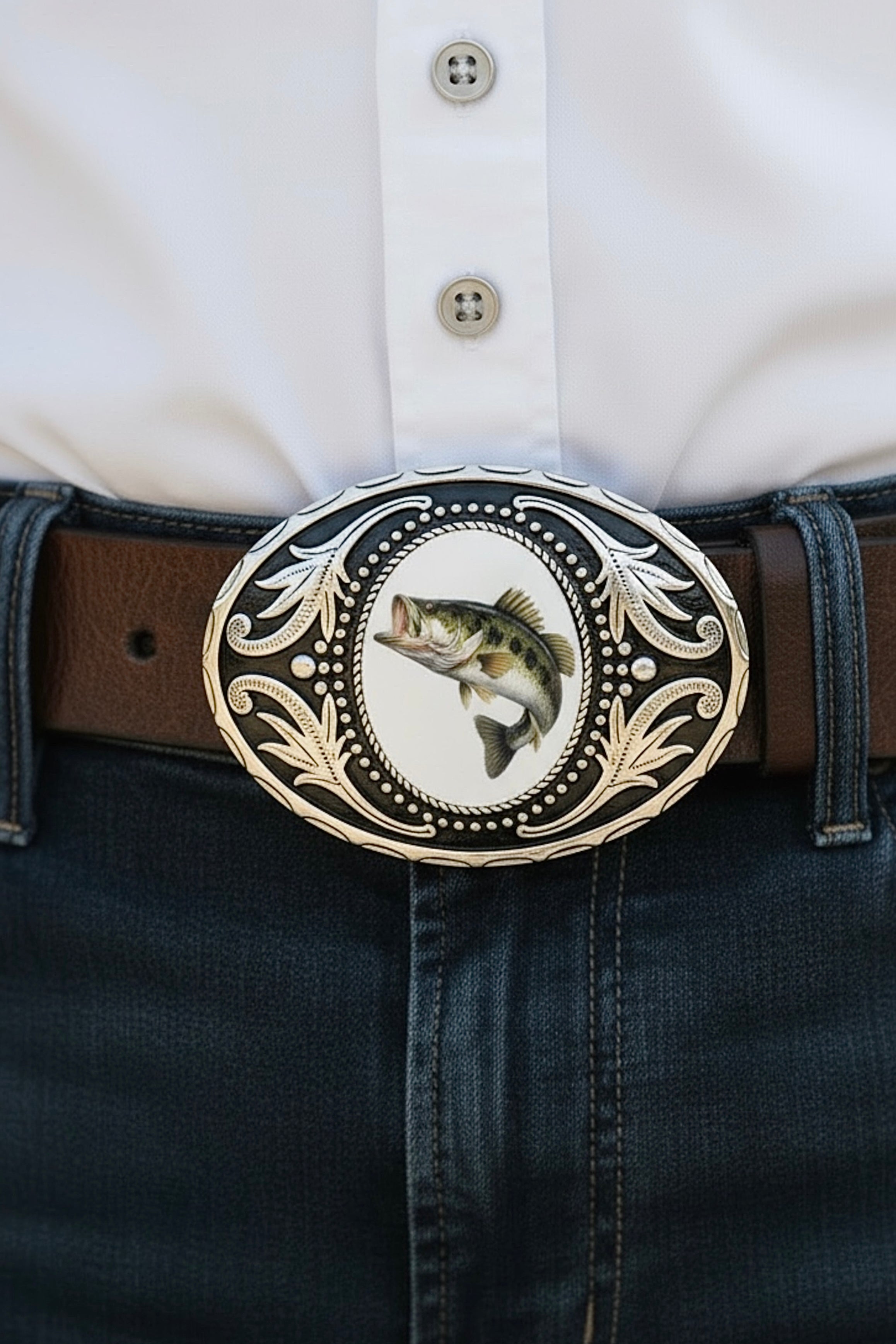 Silver Western Fish Belt Buckle with Jumping Largemouth Bass Detail.