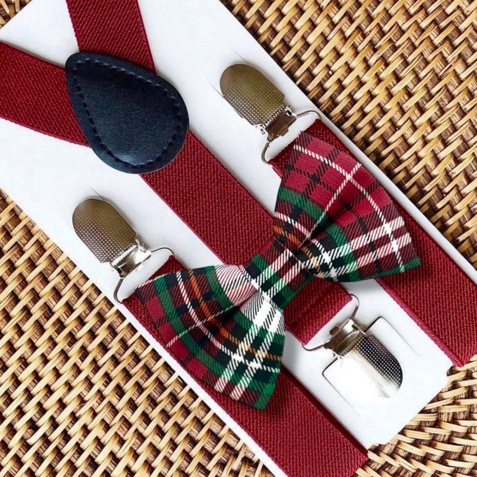 Plaid Christmas Bow Tie & Burgundy Suspenders Set 