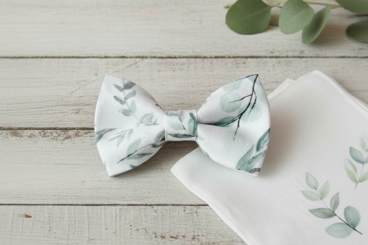 Flat lay of a sage green floral cotton hair bow with a dainty wildflower print on a rustic background.