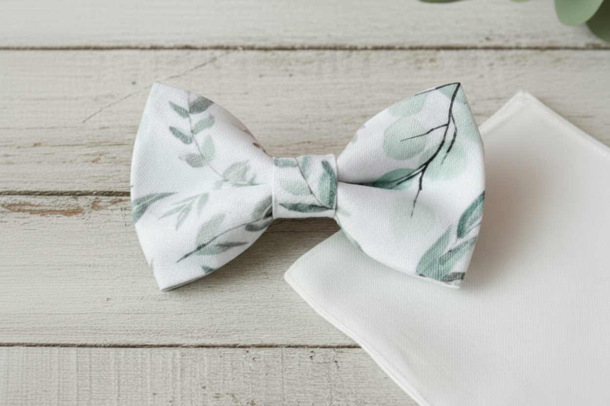 Flat lay of a sage green floral cotton hair bow with a dainty wildflower print on a rustic background.
