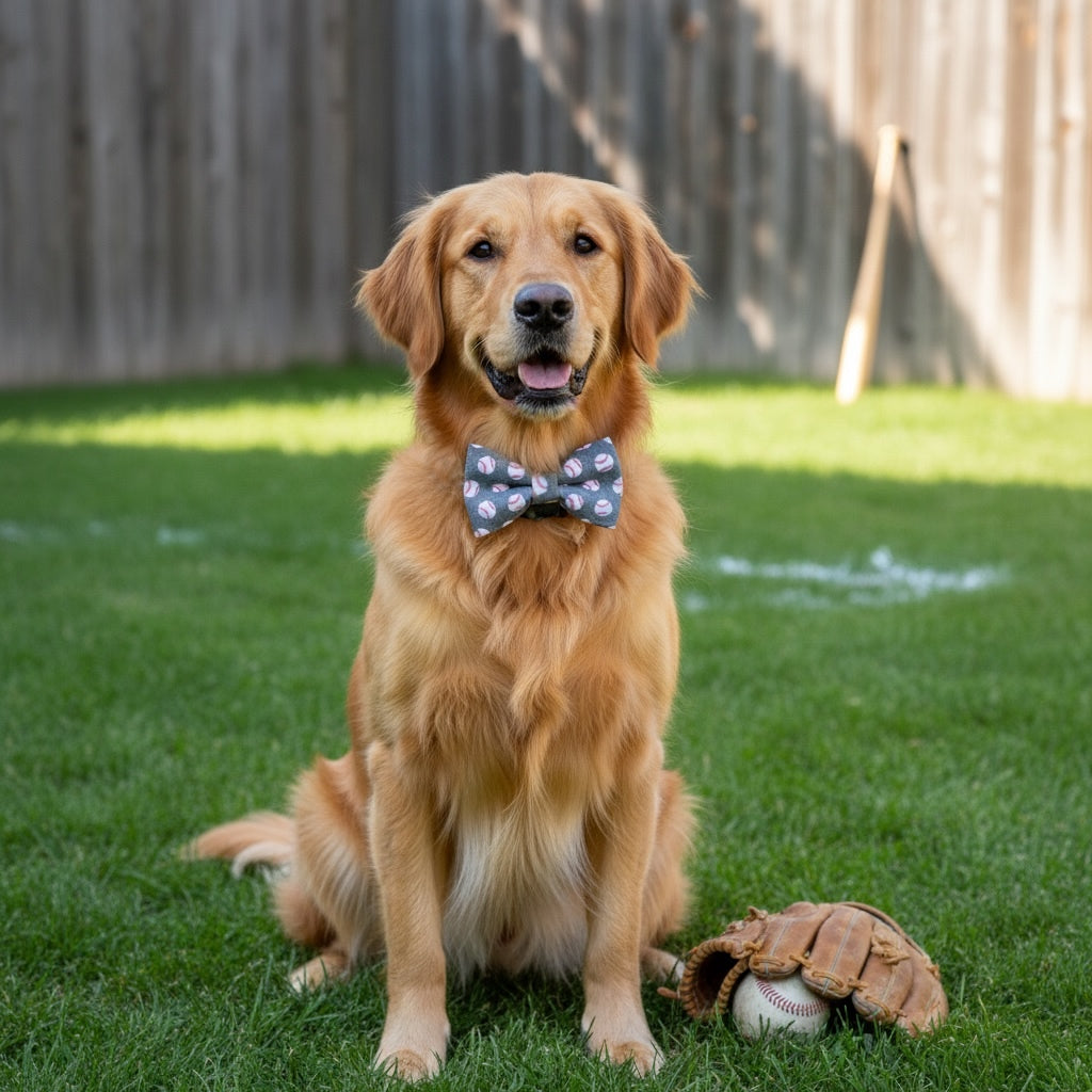 Golden retriever wearing a baseball dog bow tie sitting on grass with a baseball and glove.