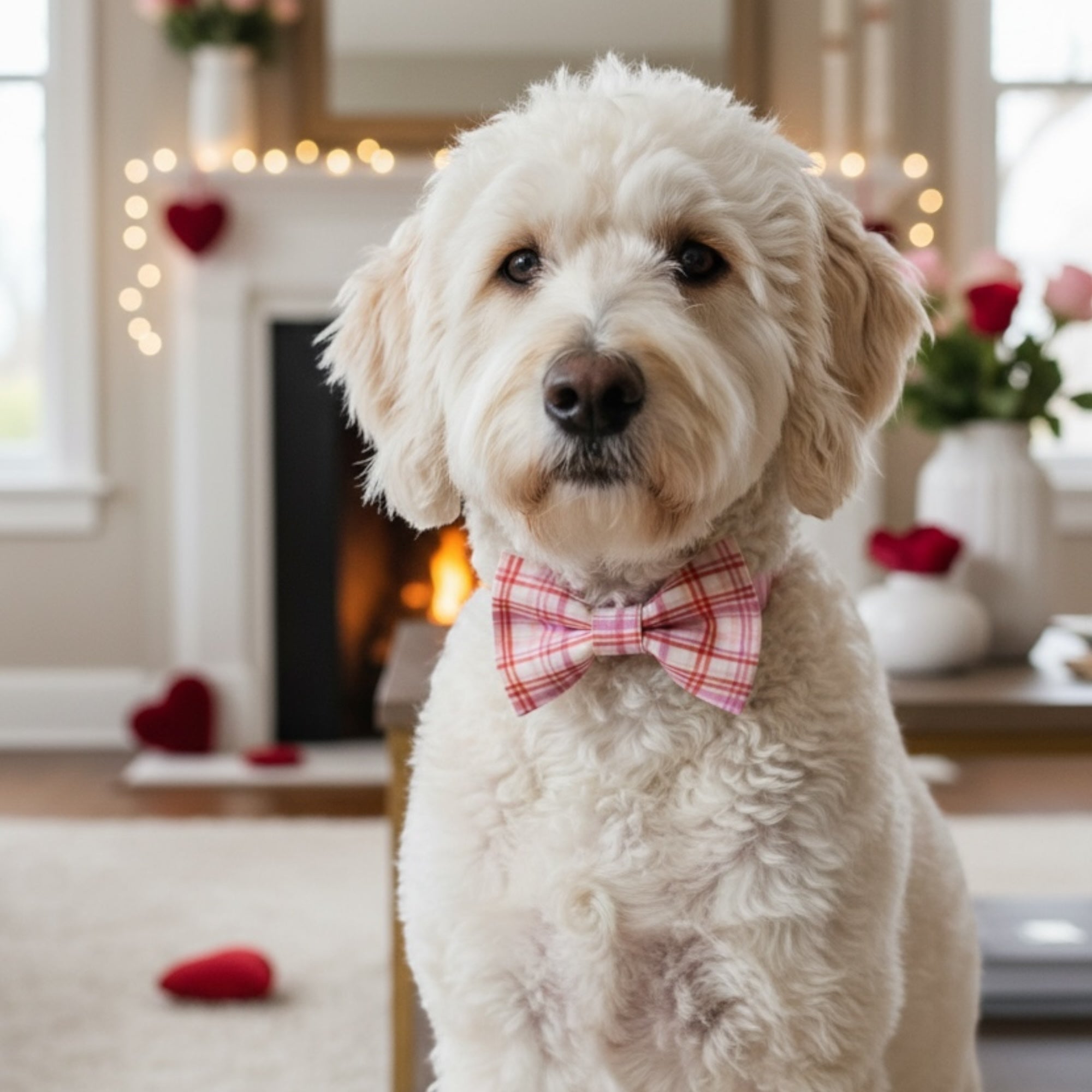 White dog wearing a Valentine’s Day pink plaid dog bow tie in a cozy living room with festive decorations.