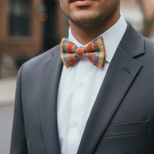 Plaid bow tie in orange worn by a man in Autumn.