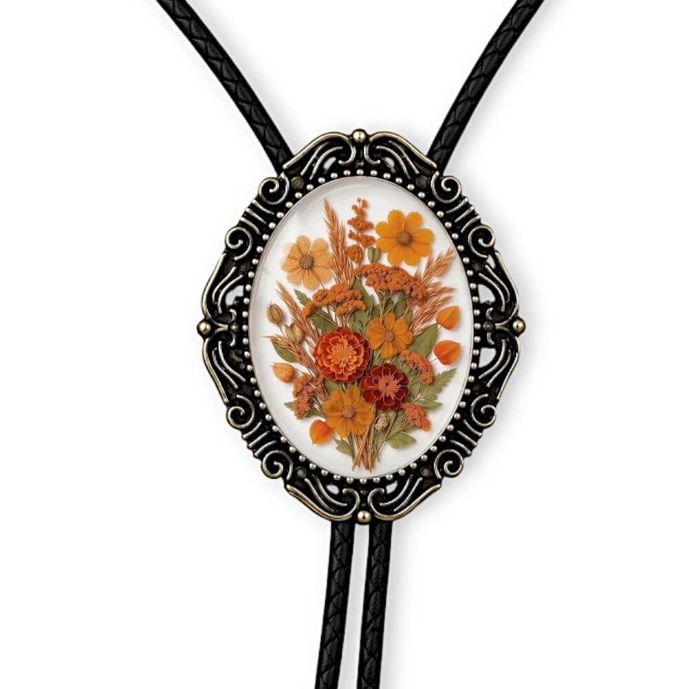 Floral Bolo Tie in Autumn Orange Botanical Rust for a Western Men's Gift.