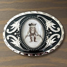 Custom Belt Buckle with Cowboy Frog, Western Accessory on a wooden table