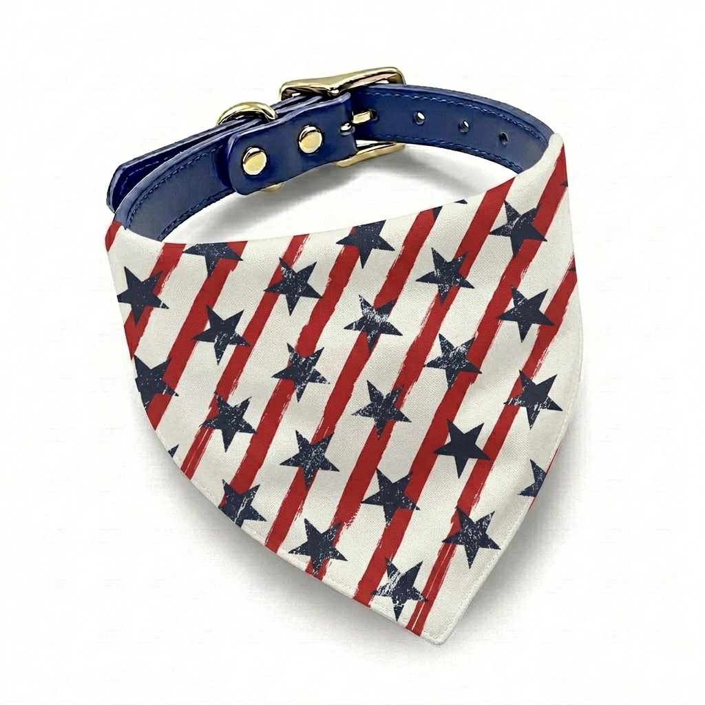 Fourth of July dog bandana in red white and blue.