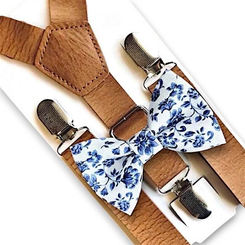 Blue floral bowtie and suspenders for men, boys and toddlers, handmade in the USA by The Bold Bow Tie.