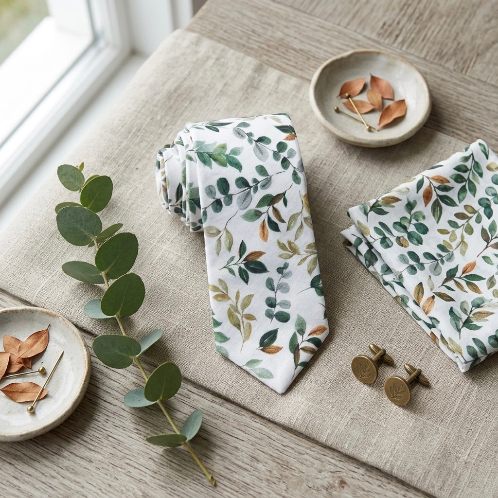 Sage green floral men’s tie for wedding and Groomsmen by The Bold Bow Tie.