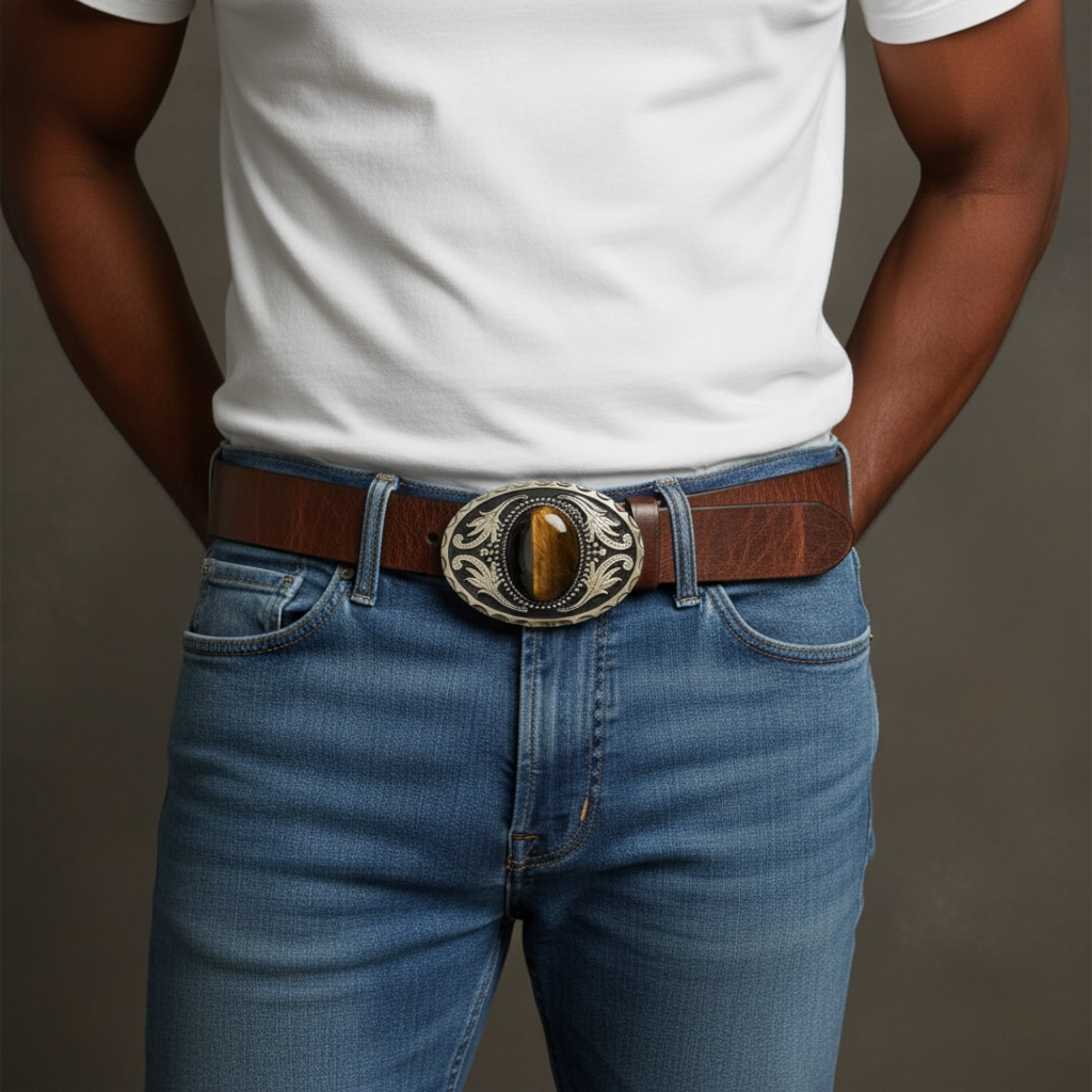 Person wearing blue jeans with a brown belt and large Tiger’s eye buckle against a neutral background