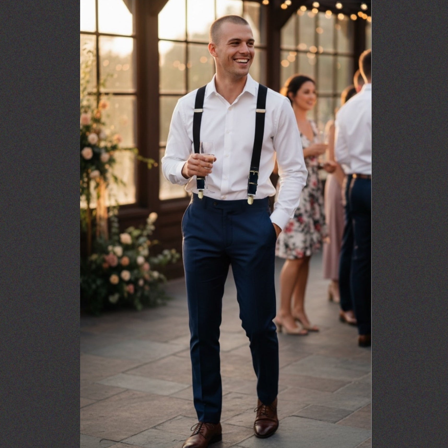 Groomsman in suspenders and a white shirt walking through the reception at an elegant wedding.