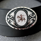 Cowboy Belt Buckle with Hearts, Valentine Western Accessory On a black leather belt.
