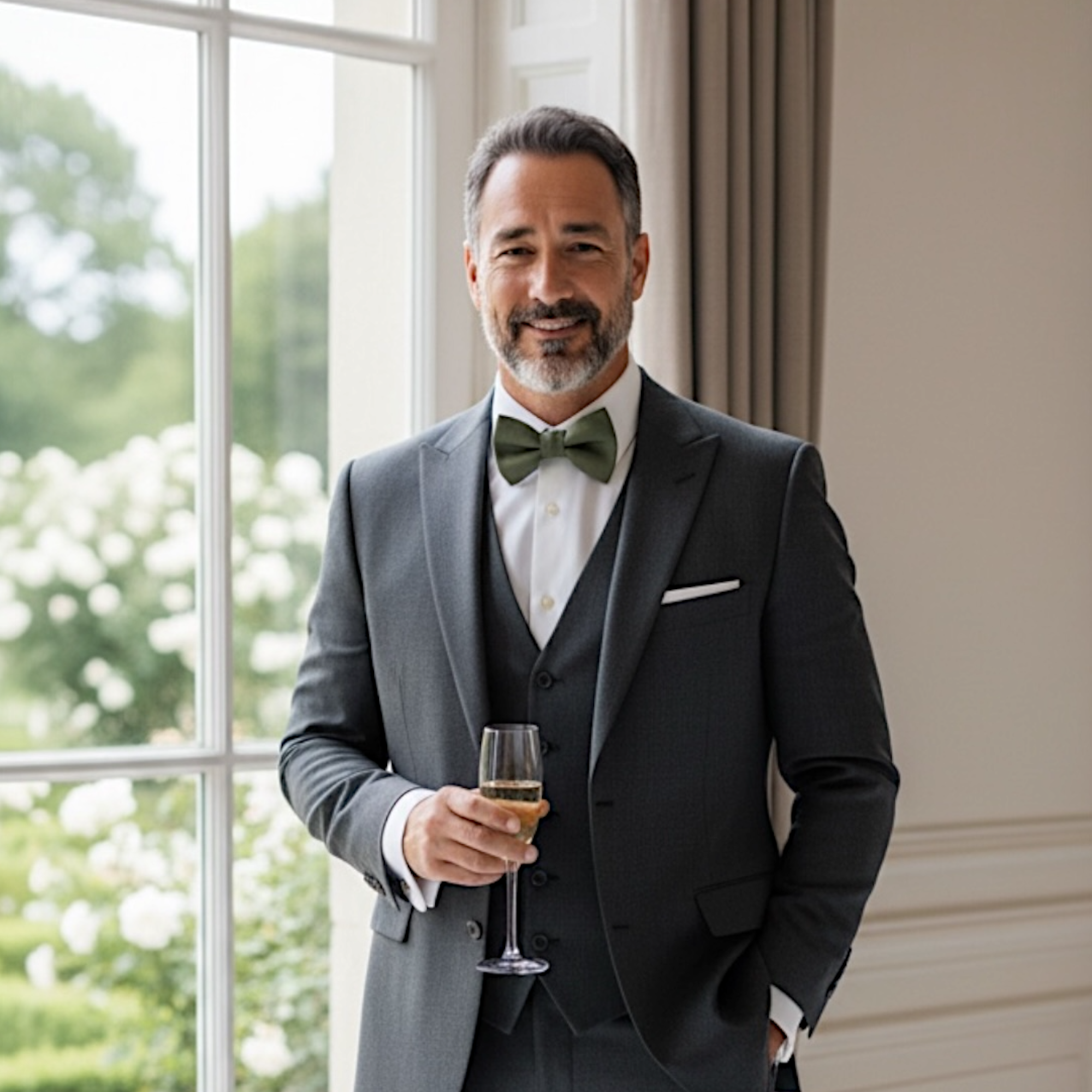 Man in an olive green bow tie in a gray suit holding a glass of wine at an elegant wedding.