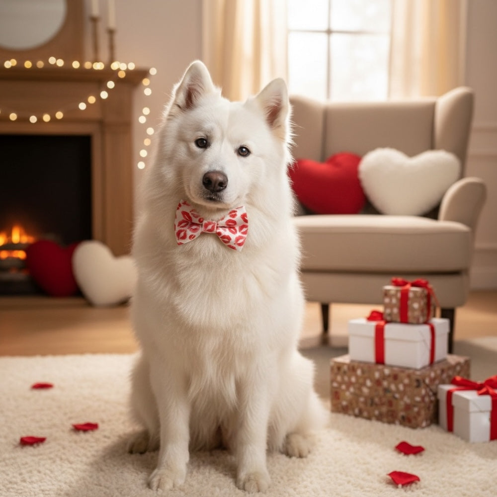 White dog wearing a red Valentine’s Day dog bow tie in a cozy living room with decorations.