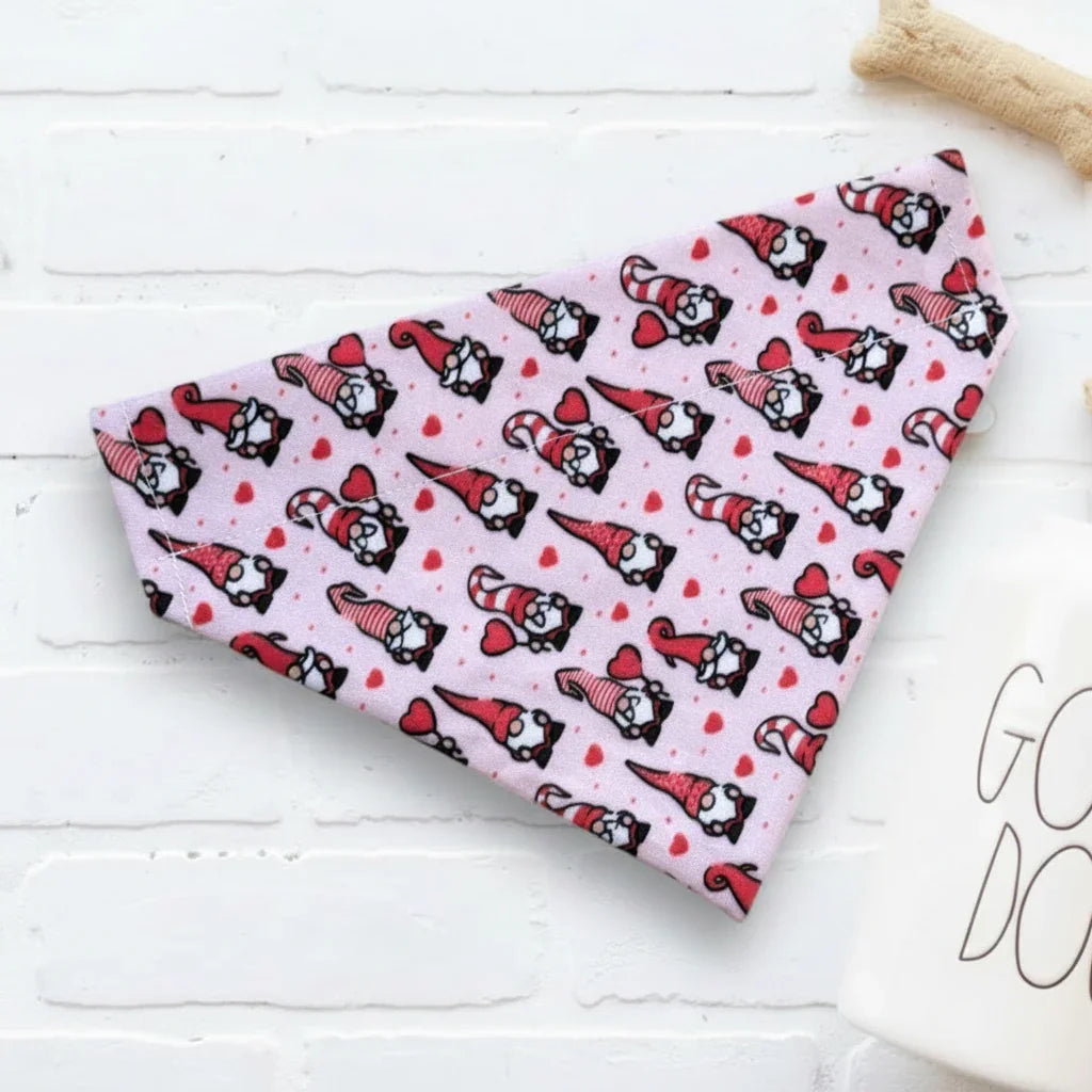 Valentines Day dog bandana with gnomes on a white surface with dog treats and a 'Good Dog' mug.